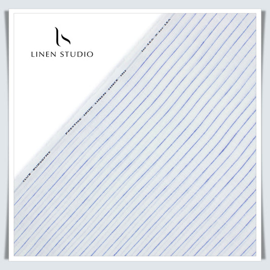 Burgoyne Exclusive 100 Lea Linen Shirting - White with Blue Stripes