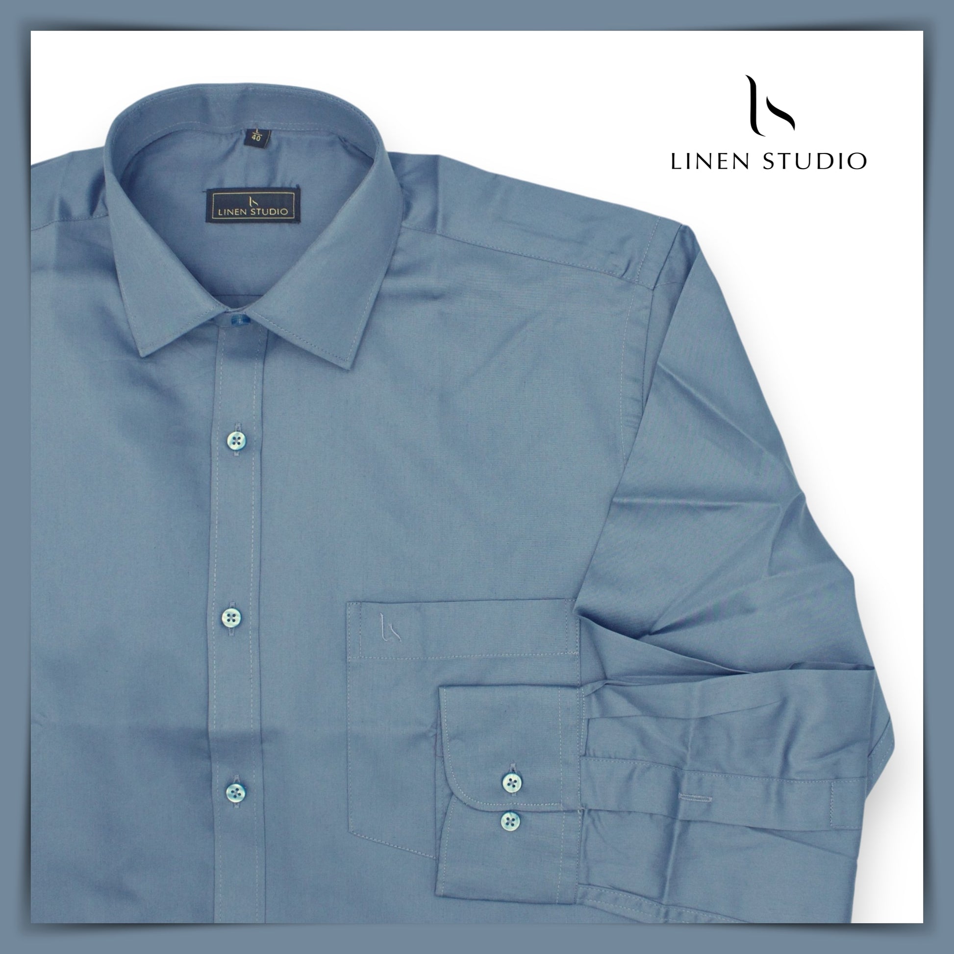 Pure Cotton 60's Count Plain Shirt - Steel Blue - Linen Studio