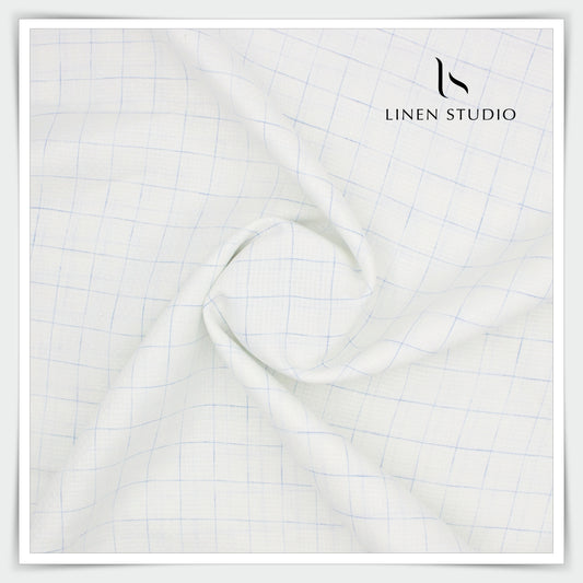 Linen Vogue 70 Lea Shirting - White Dobby Blue Checks (zoom in)